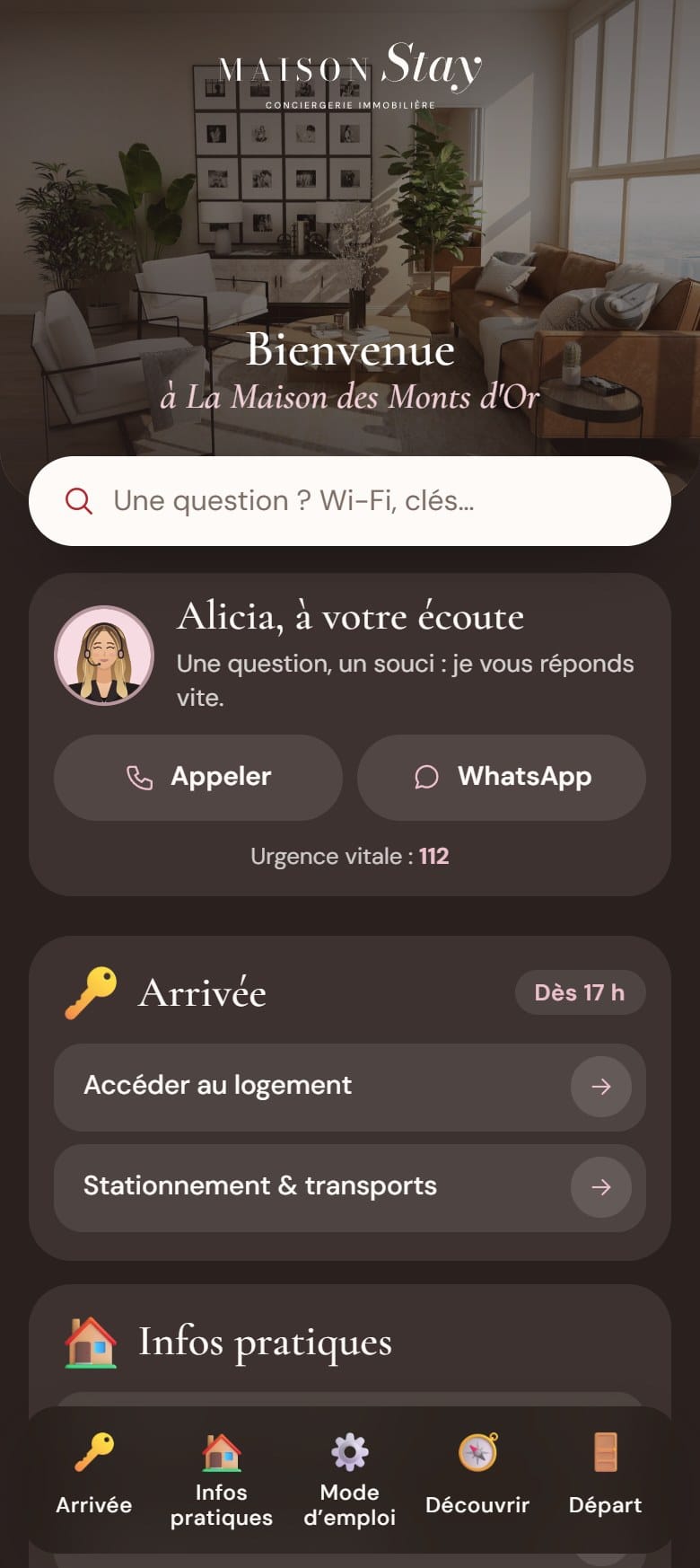 La page d’accueil du guide du séjour : son sommaire et l’avatar d’Alicia